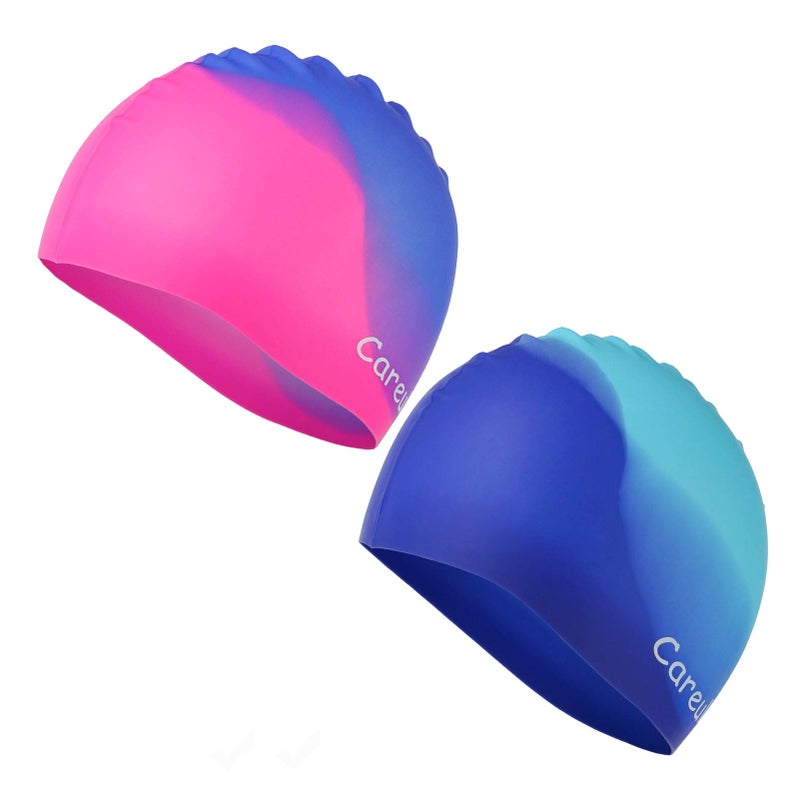 Careula Swim Cap, 2 Pack Durable Silicone Swimming Caps for Kids Girls Boys Youths (Age 2-12), Soft 3D Ergonomic Waterproof Kids Swim Caps, Comfortable Fit for Long Hair and Short Hair - Image 1